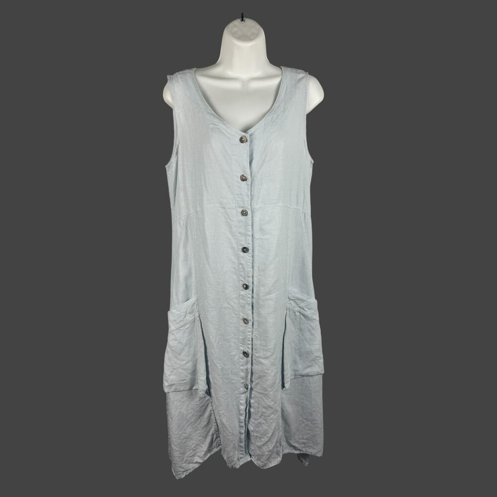 CLICK by Color Me Cotton 100% Linen Blue Button Front Midi Dress Small Lagenlook